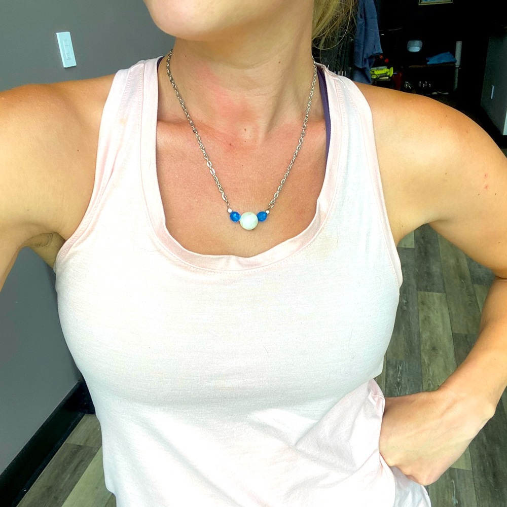 Blue and White Bead Necklace on Silver chain